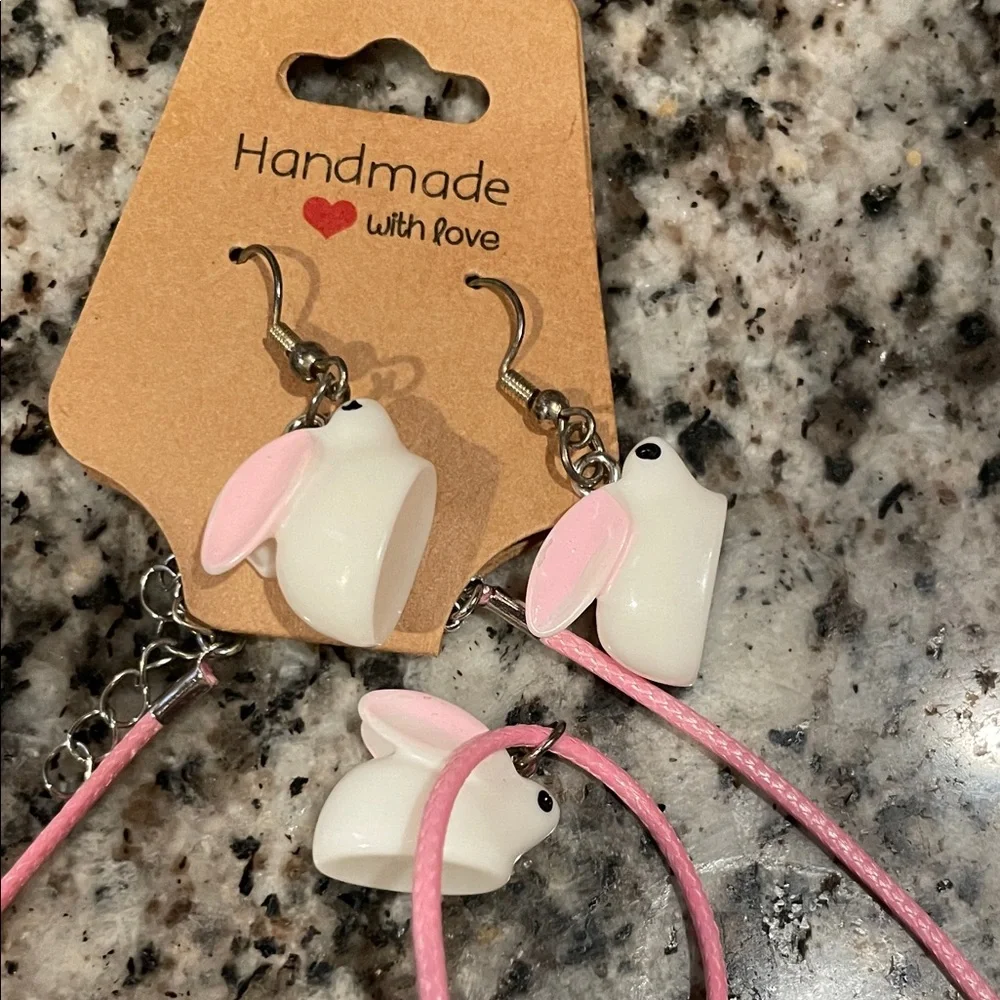 Handmade Bunny Earrings and Necklace Set - Pink‎ and White